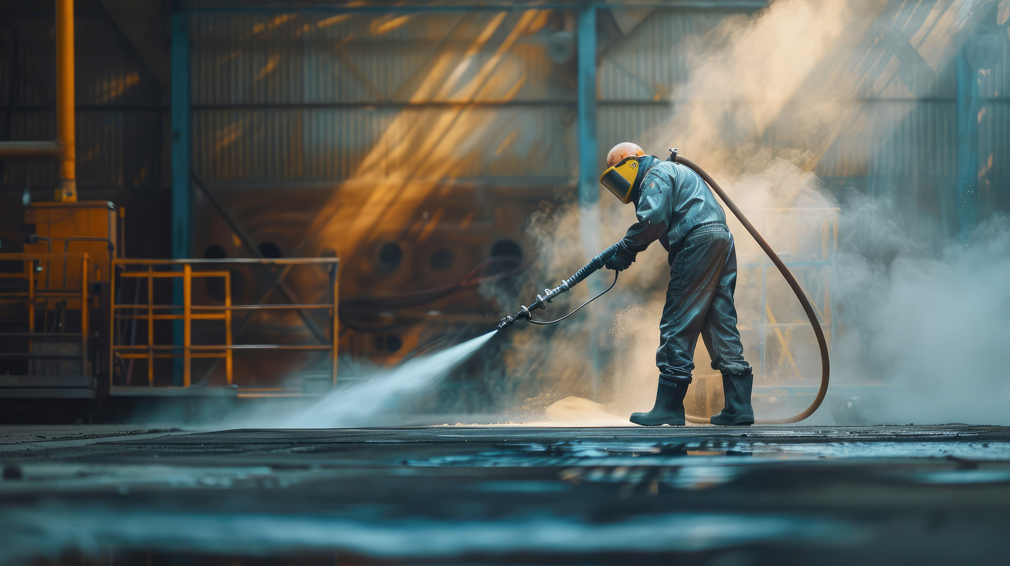 Industrial sandblasting technician performing onsite surface preparation in Northern California