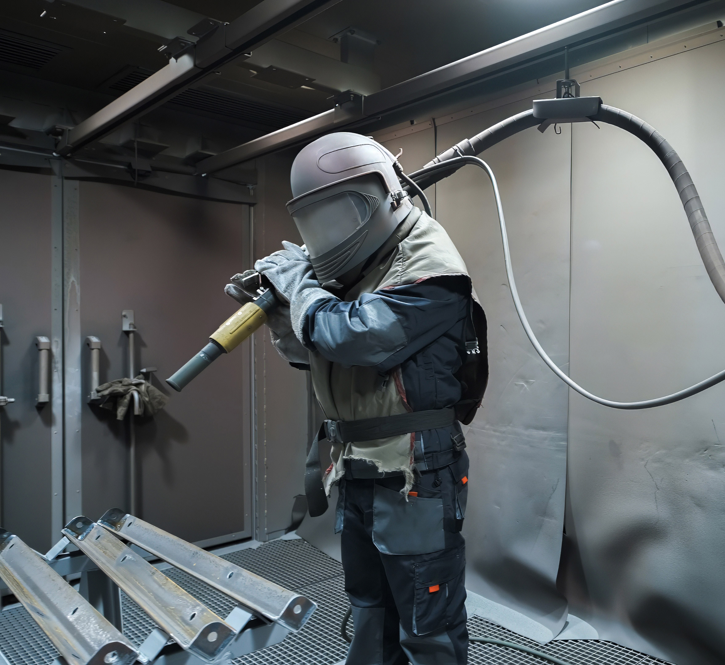 Sandblasting operator preparing steel parts inside ESM’s controlled-environment blasting booth