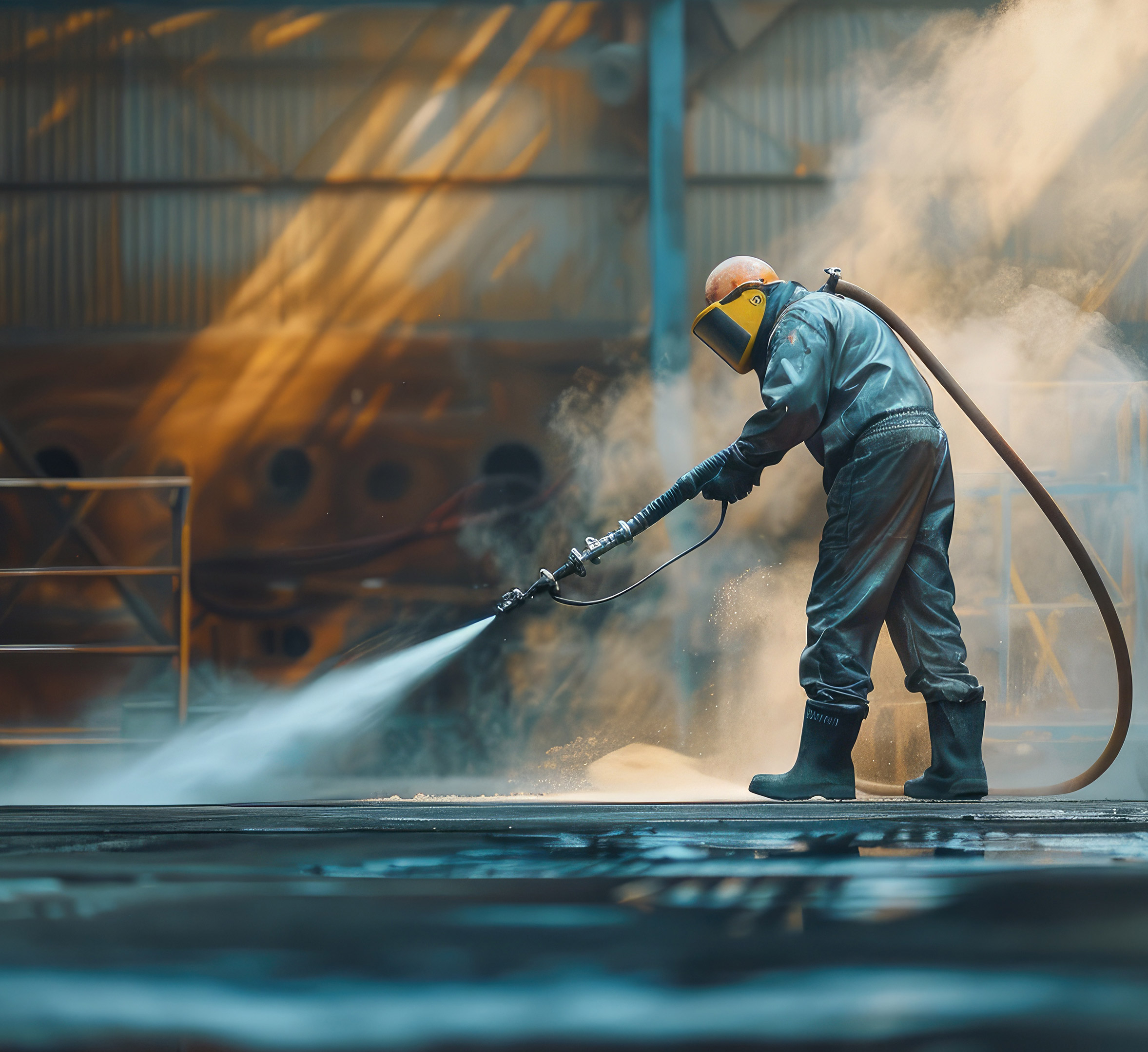 Industrial sandblasting technician performing onsite surface preparation in Northern California